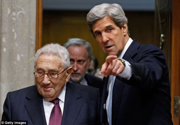 Kissinger with current Secretary of State John Kerry - who led a veterans movement against the Vietnam war while Kissinger was Secretary of State